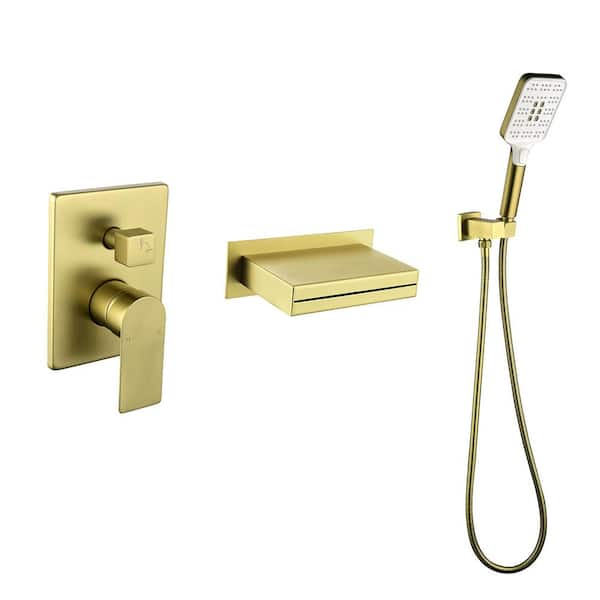 Single-Handle Wall-Mount Roman Tub Faucet with Hand Shower Brass Pressure Balance Waterfall Bathtub Filler Brushed Gold