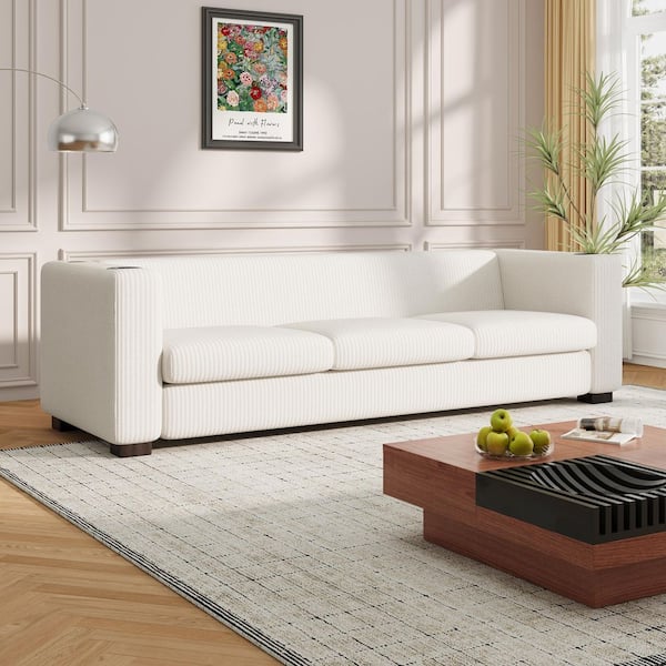 Ashton 80 in. W Square Arm Polyester Upholstered Rectangle Modern 3-Seater Sofa in. Beige, USB Ports, Cup Holders