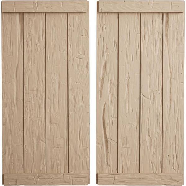 Ekena Millwork 22 in. x 50 in. Timberthane Polyurethane 4-Board Joined Hand Hewn Faux Wood Board-n-Batten Shutters, End Batten Pair