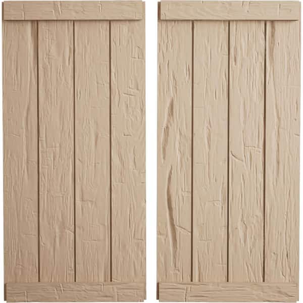 Ekena Millwork 22 in. x 70 in. Timberthane Polyurethane 4-Board Joined Board-n-Batten Hand Hewn Faux Wood Shutters, End Batten Pair