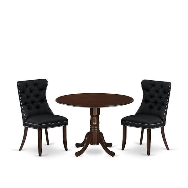 East West Furniture 3-Piece Mahogany Finish Solid Wood Top-Round Dining Room Set with Dropleaf-Seats 4