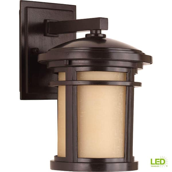 Progress Lighting Wish LED Collection 1-Light Antique Bronze Etched Umber Linen Glass Craftsman Outdoor Small Wall Lantern Light