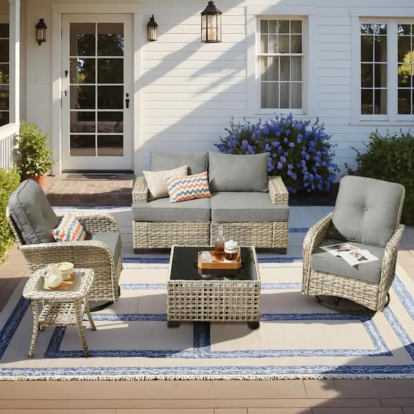 XIZZI Aimee 6-Piece Wicker Patio Conversation Seating Sofa Set with Dark Gray Cushions and Swivel Rocking Chairs