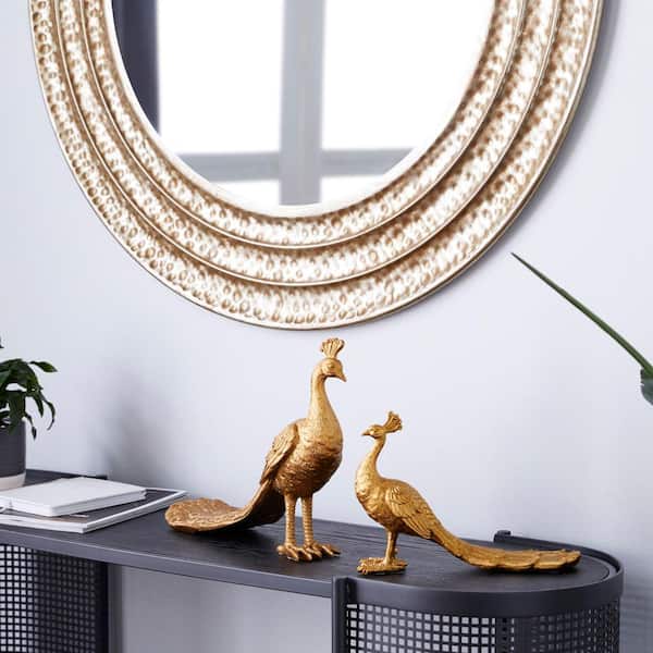 Litton Lane Gold Resin Peacock Sculpture (Set of 2)