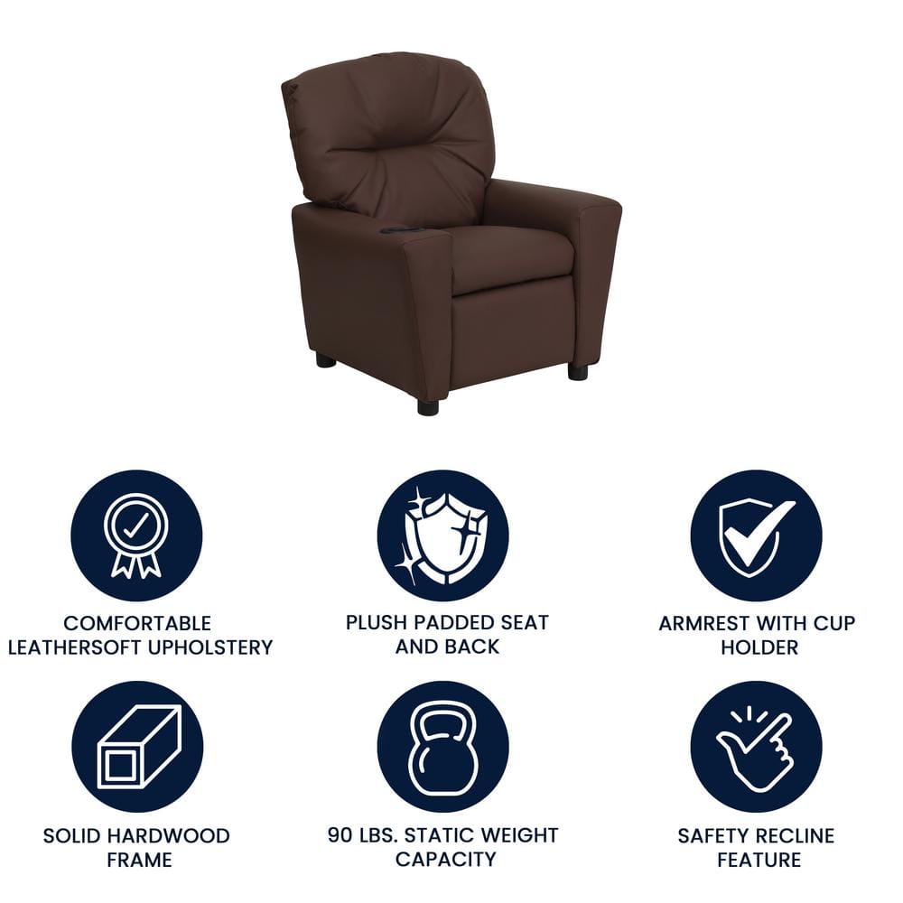 Cozy Brown LeatherSoft Kids Recliner with Built-in Cup Holder