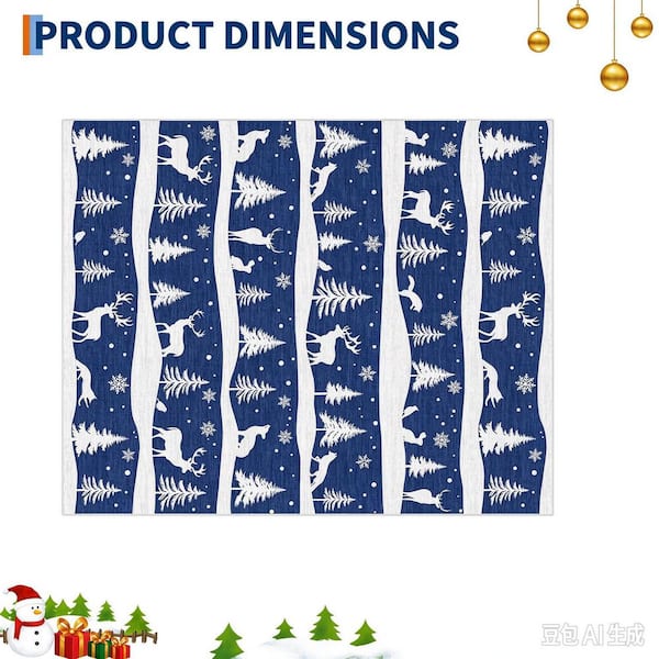 8 ft. X 10 ft. Dark Blue Christmas Washable with Xmas Tree Reindeer On-Slip Backing, Foldable, for Living Room Area Rug