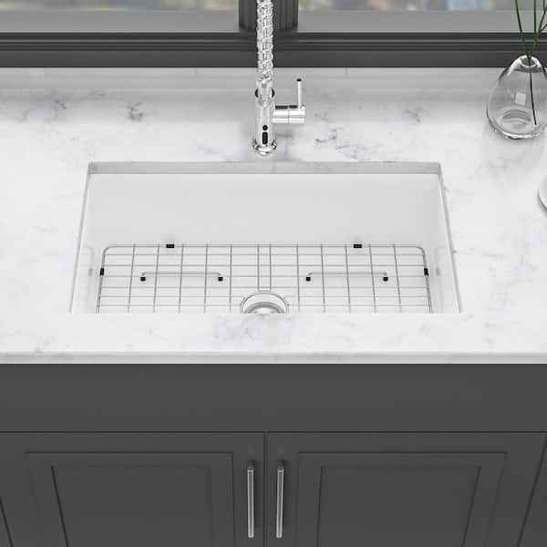 32 in. Undermount Single Bowl White Ceramic Kitchen Sink with Bottom Grids