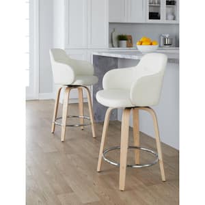 Boyne 24 in. White Faux Leather, Natural Wood and Chrome Metal Fixed-Height Counter Stool (Set of 2)