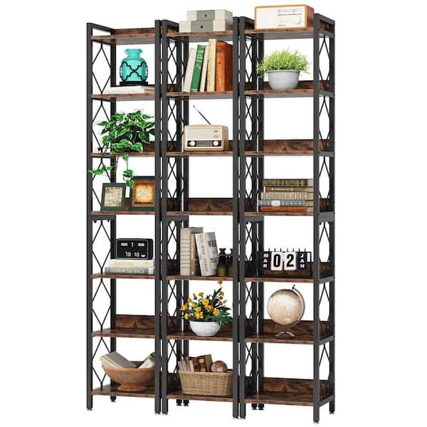 Jannelly 79 in. Tall Rustic Brown Wood 7-Shelf Narrow Bookcase with Metal Frame (Set of 3)