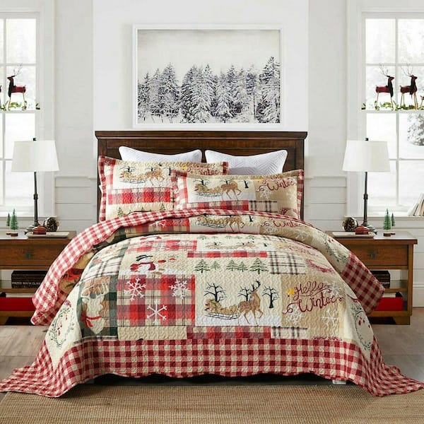 B010 Christmas 3-Piece Red/Multi Rustic Lodge Deer Polyester King Size Christmas Quilt Set