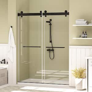 60 in. W x 79 in. H Double Sliding Frameless Shower Door with soft-closing system in Matt Black With 3/8 in. Clear Glass