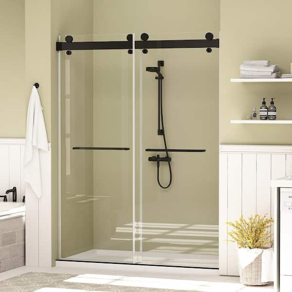 Hpeytaire 60 in. W x 79 in. H Double Sliding Frameless Shower Door with soft-closing system in Matt Black With 3/8 in. Clear Glass