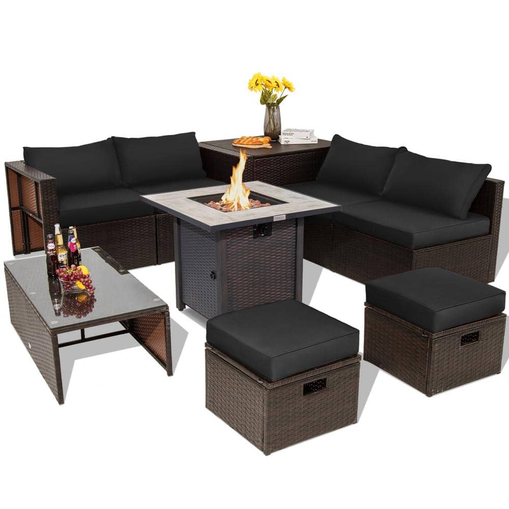 9-Piece Space-Saving Wicker Patio Conversation Set with Propane Fire Pit Table & Storage Box & Black Cushions price history on PriceWatchPro