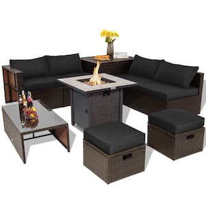 9-Piece Space-Saving Wicker Patio Conversation Set with Propane Fire Pit Table & Storage Box & Black Cushions