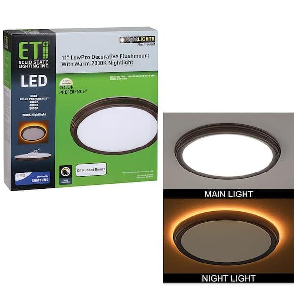 ETI LIGHTING 11 in. Oil Rubbed Bronze Low Profile LED Flush Mount Ceiling Light with Night Light 900LM 14W Adjustable CCT Dimmable