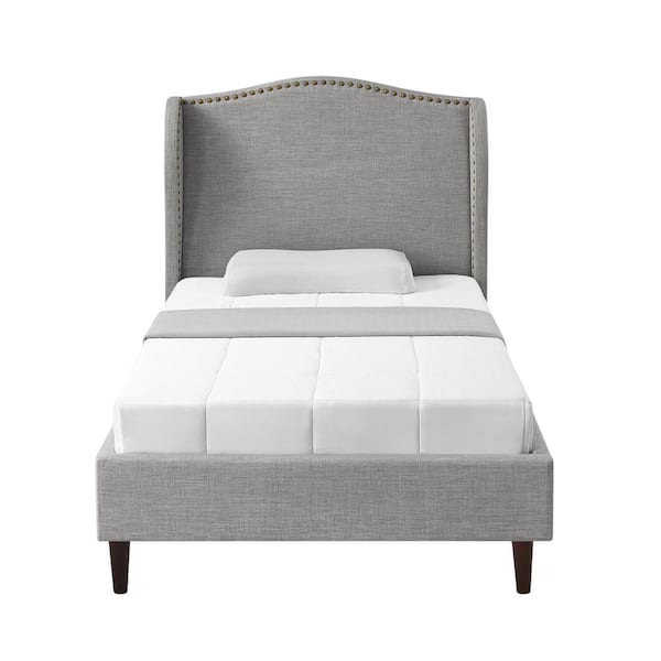 Rustic Manor Knight Gray Wood Frame Twin XL Size Platform Bed With Nailhead Trim