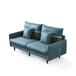 72.8 in. Light Blue Fabric 3-Seat Mid-Century Tufted Loveseats with 2-Pillows for Living Room