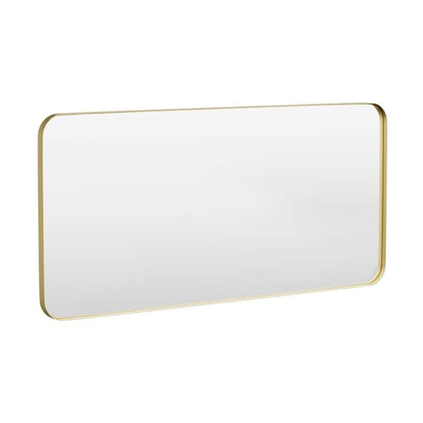 HOMEIBRO 60 in. W x 28 in. H Tempered Glass Rounded Rectangle Framed Wall-Mounted Bathroom Vanity Mirror in Gold