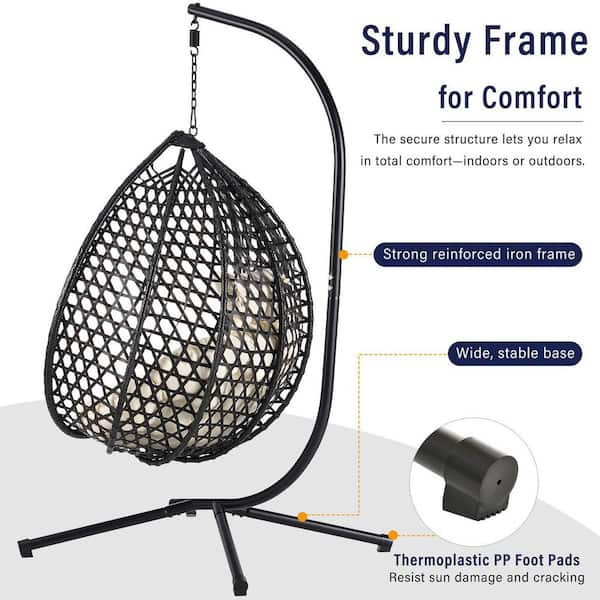 Black Wicker Outdoor Lounge Chair Durable Hanging Egg Chair Patio