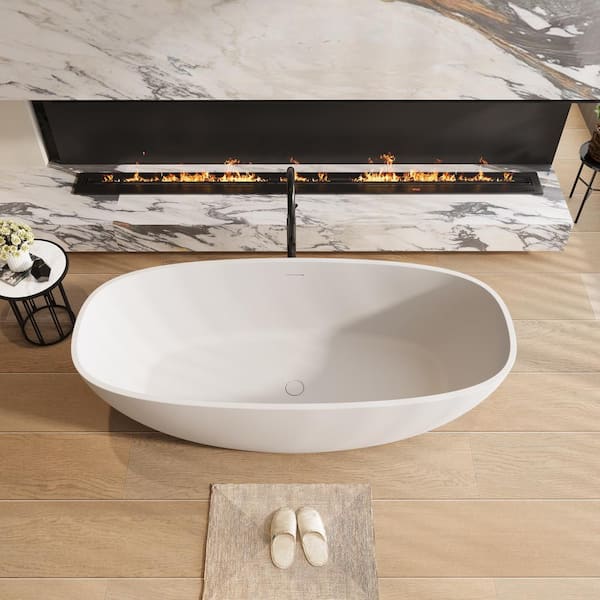Moray 61 in. x 30 in. Solid Surface Stone Resin Flatbottom Freestanding Bathtub Soaking Bathtub in Matte White