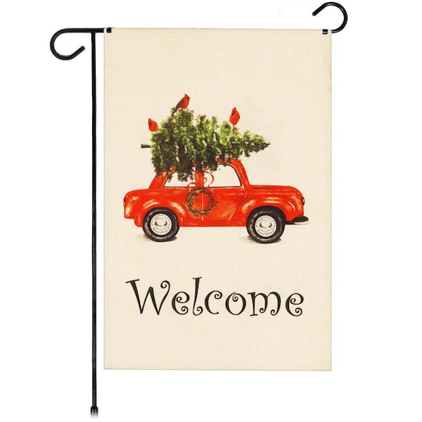 G128 1 ft. x 1.5 ft. Polyester Welcome Christmas Tree on Car 2-Sided Garden Flag Printed Blockout