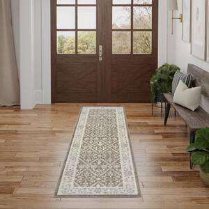 Renewed Ivory Mocha 2 ft. x 8 ft. Distressed Traditional Runner Area Rug