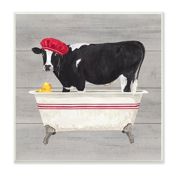 Stupell Industries 12 in. x 12 in. "Bath Time For Cows at Sink Red Black and GreyPainting" by Tara Reed Wood Wall Art