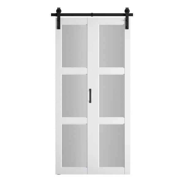 32 in. x 84 in. Bi-Fold 3-Lite Frosted Glass White Finished Solid Core MDF Sliding Barn Door with Hardware Kit