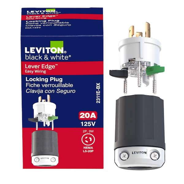 Black & White Lever Edge 20 Amp 125 Volt Locking Plug, NEMA L5-20P, 2P, 3W, Industrial Grade 2311E-BX
