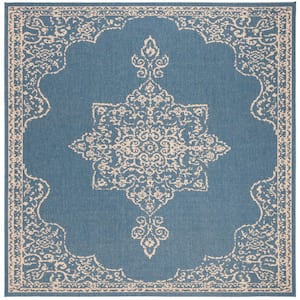 Beach House Cream/Blue 8 ft. x 8 ft. Solid Medallion Floral Indoor/Outdoor Patio  Square Area Rug