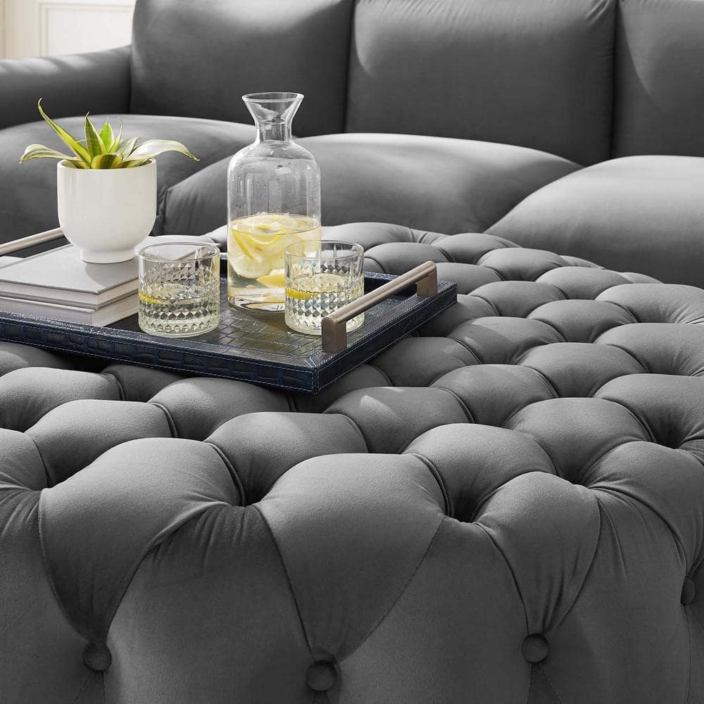 Amour Large Round Gray Velvet Tufted Ottoman