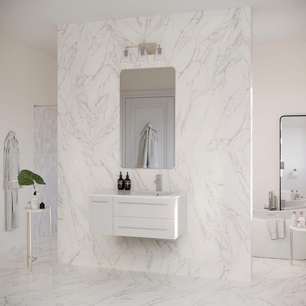 White 36" Wall-Mount Vanity with Quartz Top and Ceramic Sink