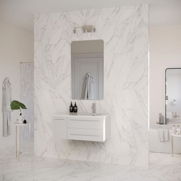 Lucera 36 in. Single Sink Wall Mount White Bath Vanity with White Quartz Top and Undermount Sink - Right Version