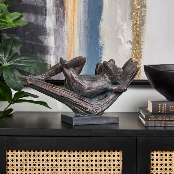 Litton Lane 5 in. x 9 in. Bronze Resin Patina Relaxing Frog Sculpture
