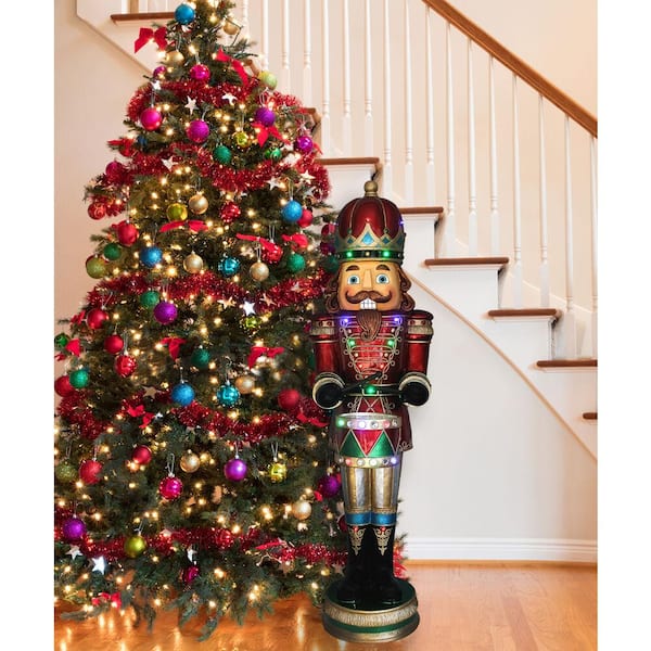 Fraser Hill Farm Indoor/Outdoor Oversized Christmas Decor, 5-ft. Nutcracker Playing Snare Drum w/Moving Hands, Music, Timer, and 20 LED Lights