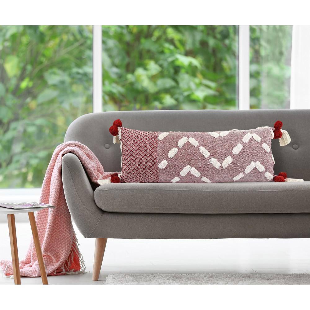 Heute Red and Cream Bohemian Lumbar Pillow with Pom-Poms