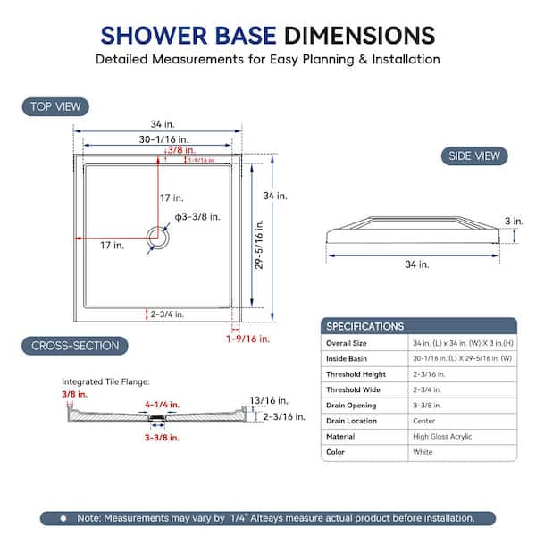 34 in. L x 34 in. W Acrylic Alcove Shower Pan Base with Center Drain, 360° Finished Exterior, Slip-Resistant, White