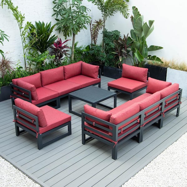 Leisuremod Chelsea Black 9 Piece Aluminum Patio Conversation Set with Red Cushions