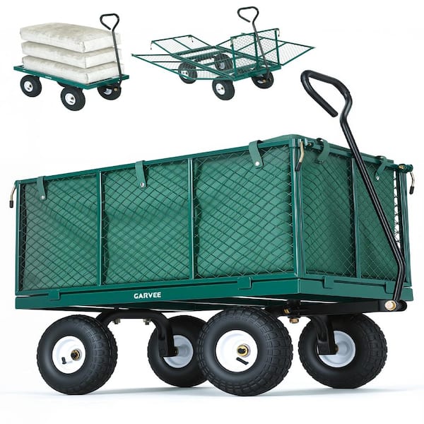 800LBS Heavy Duty Steel Garden Cart Wagon 10" All-Terrain Pneumatic Tires Yard Cart with a waterproof bag Green