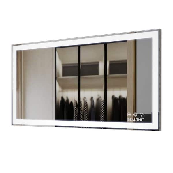 YSQCAR 48 in. W x 24 in. H Square Frame LED Vertical or Horizontal Hanging Decorative Wall Bathroom Vanity Mirror in Silver