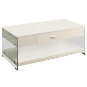 23.62 in. White Rectangle Glass Coffee Table with 1-Drawer