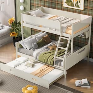 Modern Wood Frame Twin over Full Bunk Bed with Storage Shelves and Twin Size Trundle, Cream