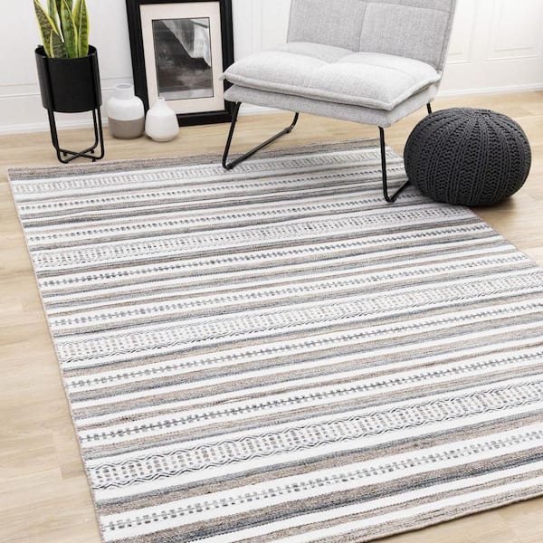 Cindara Collections 8 ft. x 11 ft. White Stripes, Tribal/Southwestern Indoor Area Rug