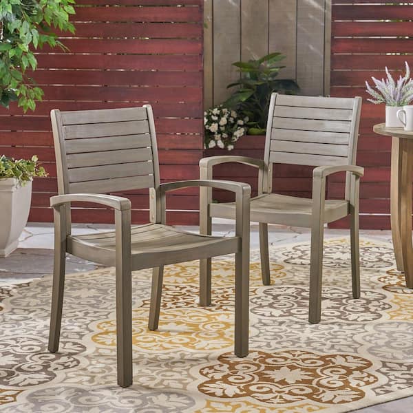 Noble House Miguel Grey Wood Outdoor Patio Dining Chairs (Set of 2)