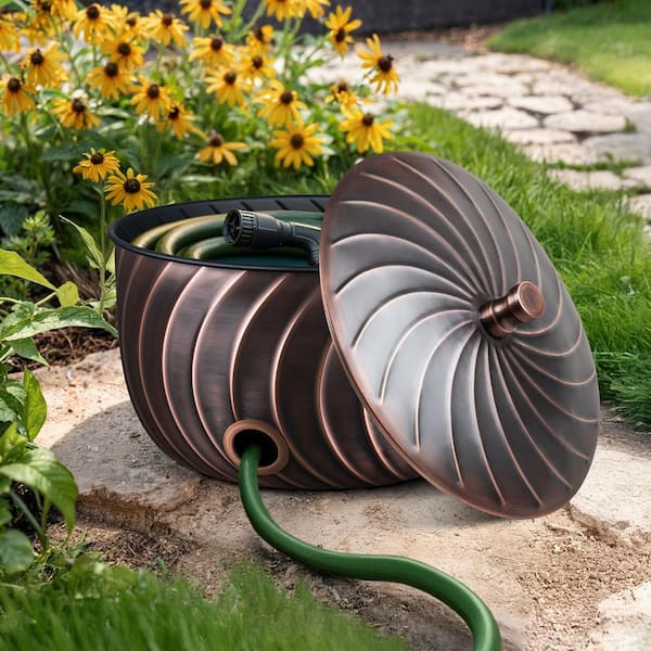 Wave Embossed Garden Hose Holder Pot with Lid, Antique Copper