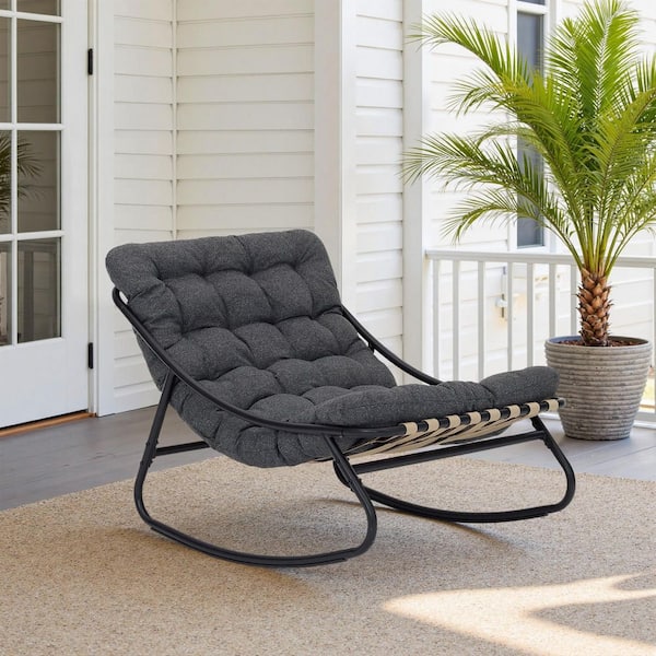 Black Metal Outdoor Rocking Chair with Gray Cushion