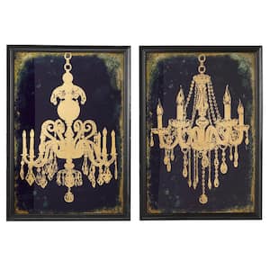 19.5 in. x 28 in. Large Indigo and Metallic Gold Chandeliers Wall Art on Iron Panels (Set of 2)
