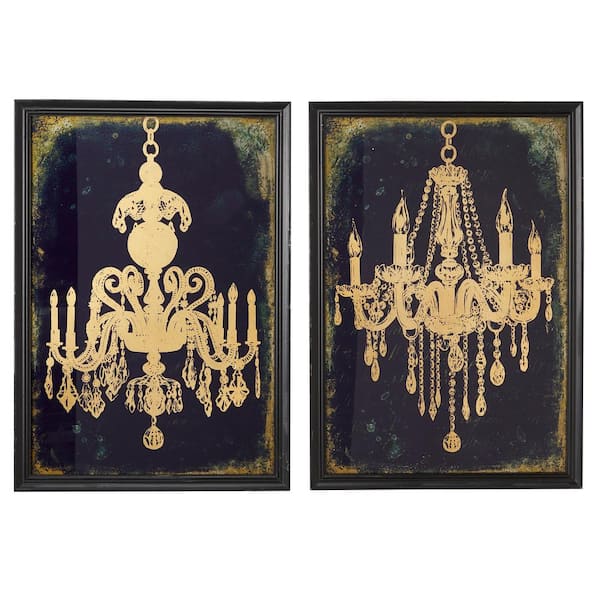 Litton Lane 19.5 in. x 28 in. Large Indigo and Metallic Gold Chandeliers Wall Art on Iron Panels (Set of 2)