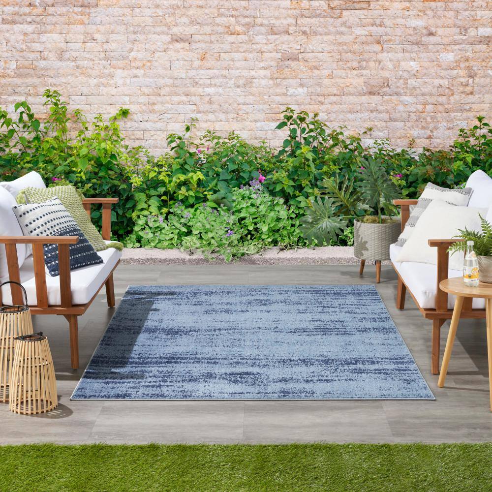 Denim Blue Abstract 4' x 6' Stain-Resistant Outdoor Rug