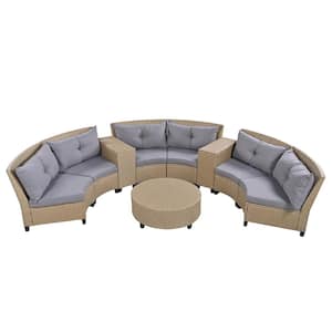 Semi-Circle Brown 9-Piece Wicker Patio Conversation Set with Gray Cushions and Round Coffee Table for Garden, Backyard